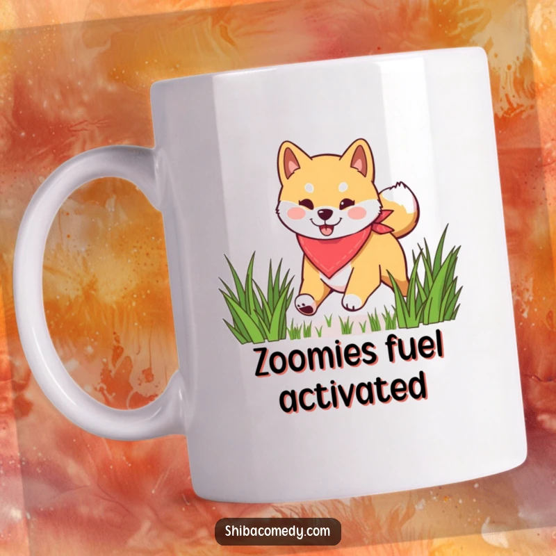 Funny Shiba Inu mug featuring a happy dog wearing a bandana, energetically bounding through lush green grass with pure joy.