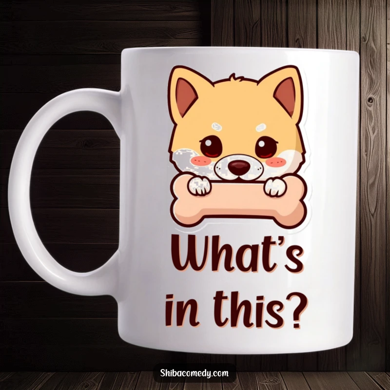 Funny Shiba Inu mug showing a curious dog peeking from behind a stylized bone, embodying playful mystery and humor.