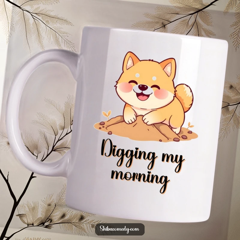 Funny Shiba Inu mug, a smiling dog enthusiastically digs in soft earth, perfect humorous gift for dog lovers.