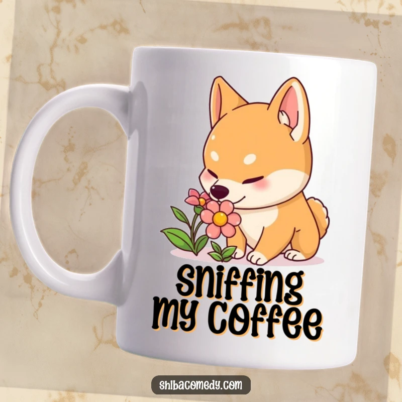 Funny Shiba Inu mug featuring a curious dog with perked ears gently sniffing a vibrant, colorful flower, embodying innocent wonder.