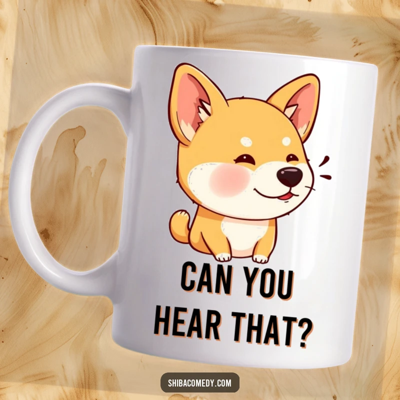 Funny mug featuring a Shiba Inu dog with wide, perked ears, attentively listening to an unseen sound.