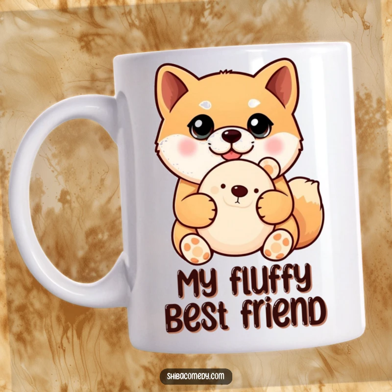 Funny Shiba Inu mug featuring a cute dog with large, expressive eyes clutching a soft plush toy, evoking warmth and happiness.