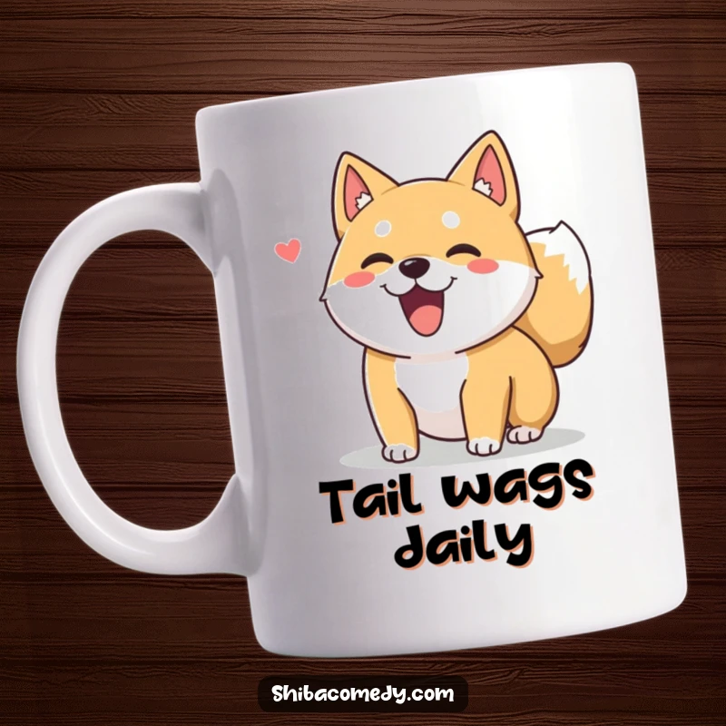 Funny Shiba Inu dog character excitedly wagging its fluffy tail on a mug, conveying pure happiness and infectious energy.