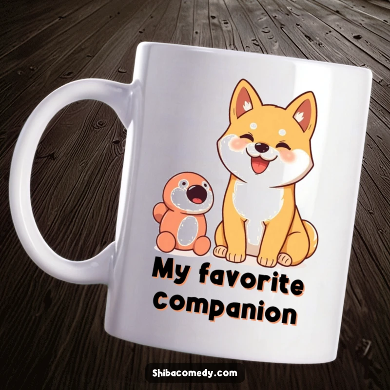 Funny mug featuring a Shiba Inu dog with a goofy, proud smile sitting contentedly next to its favorite toy.
