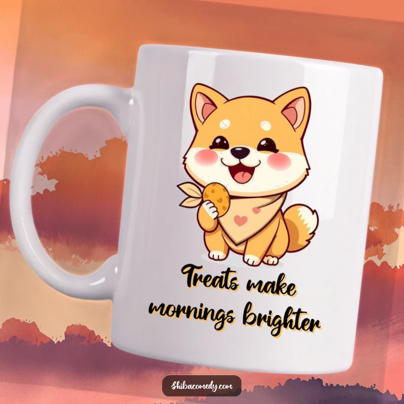 Funny Shiba Inu mug, a happy dog wearing a bandana eagerly holds a tasty treat, perfect gift for dog lovers.