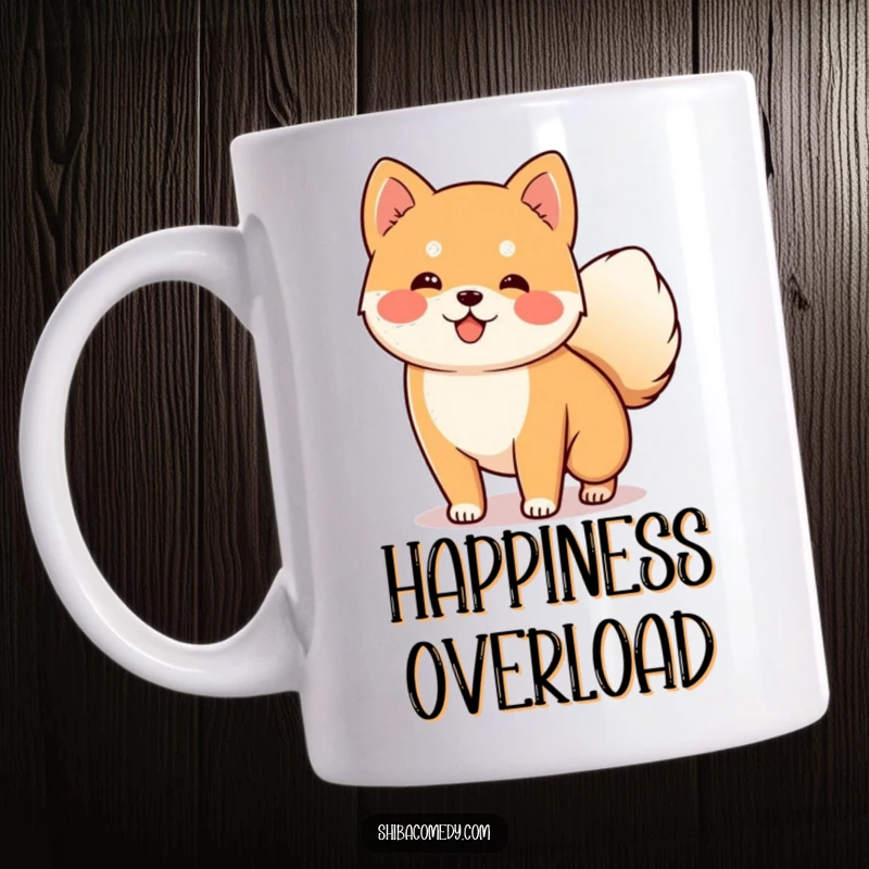 Funny Wagging Shiba Inu Mug shows a happy dog with its tail wagging, perfect for dog lovers and a funny gift.