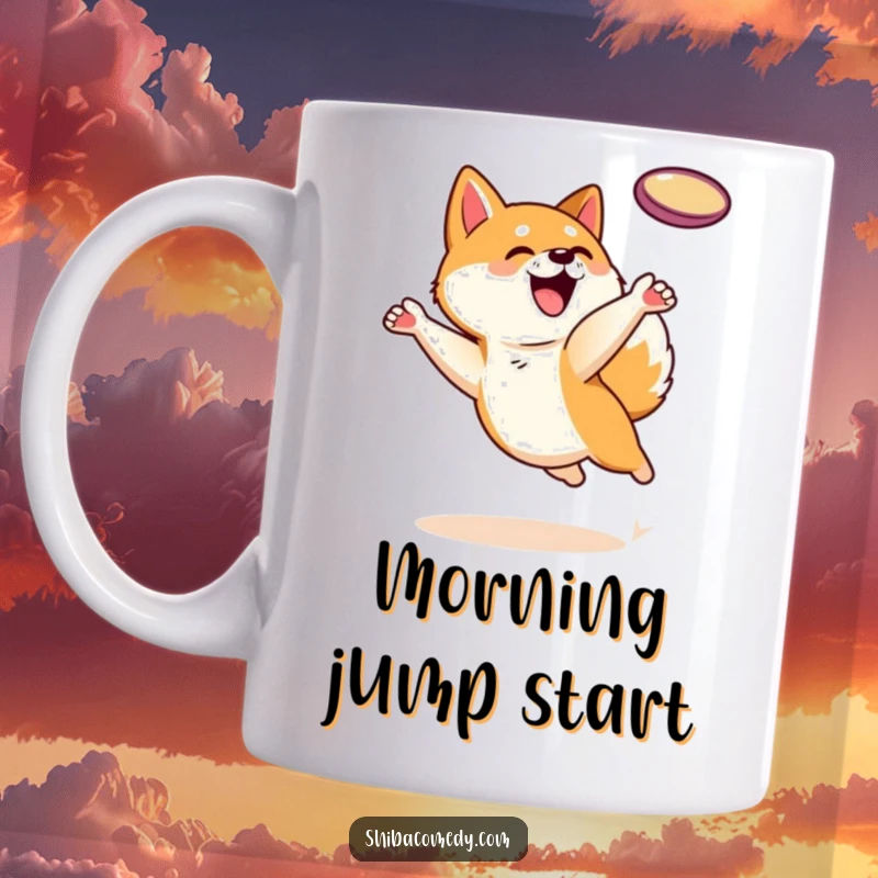 Funny Shiba Inu dog character leaping energetically to catch a frisbee on a mug, conveying excitement and active play.