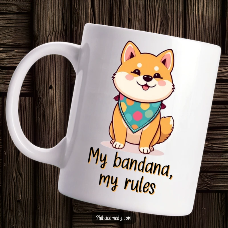 Funny Shiba Inu mug featuring a proud dog in a colorful bandana, exuding confidence and style, perfect for dog lovers.