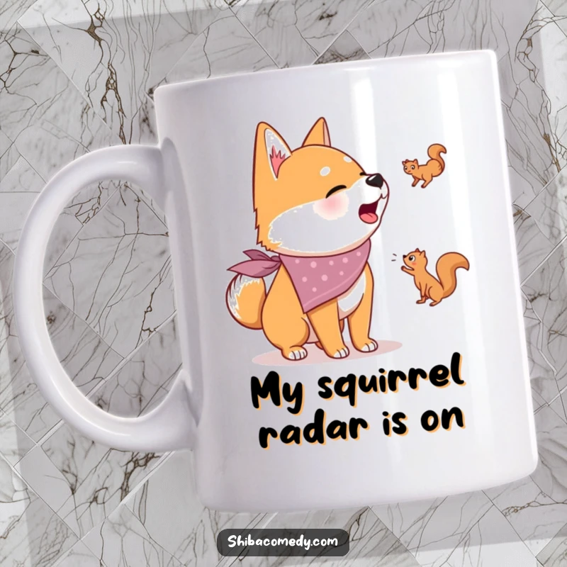 Funny mug showcasing an excited Shiba Inu dog in a bandana, barking furiously at a far-off squirrel, bringing vibrant humor to your collection.