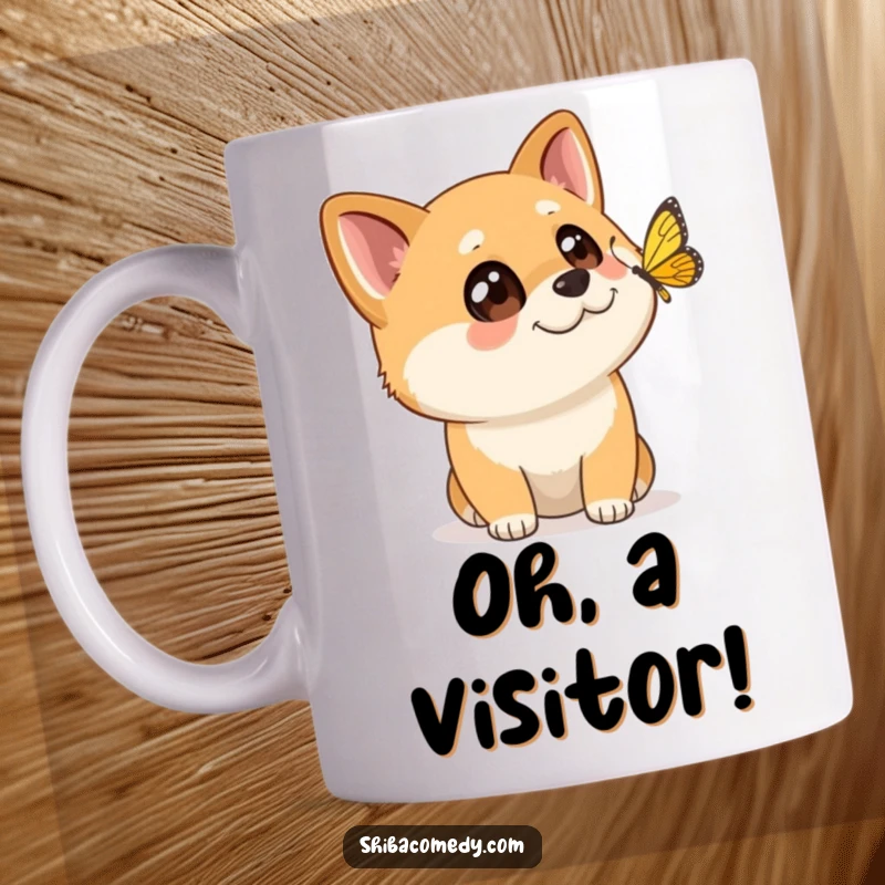 Funny Shiba Inu mug showing a dog with wide, curious eyes watching a butterfly flutter past in awe.