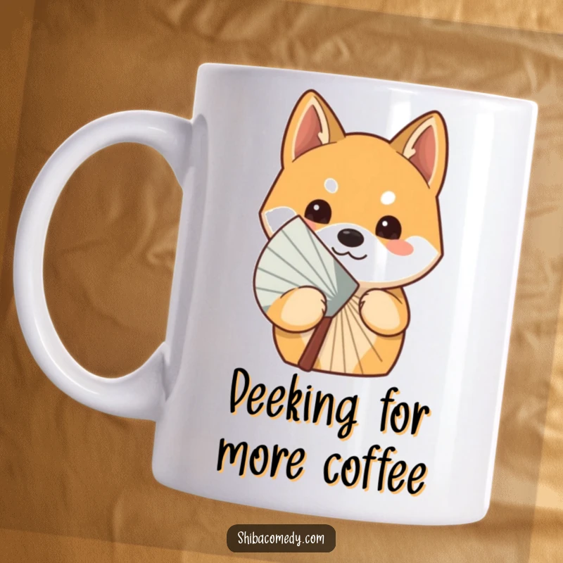 Funny curious Shiba Inu dog peeking slyly from behind a large fan, printed on a mug for a playful peek-a-boo effect.