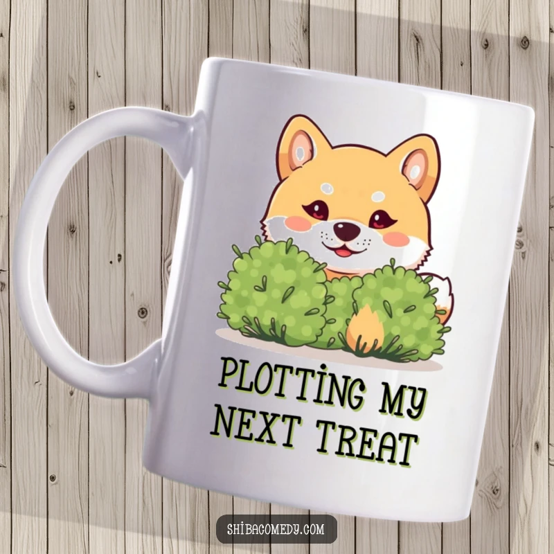Funny Shiba Inu Mug: A mischievous Shiba Inu peeks from behind a small bush, eyes twinkling with playful intent.