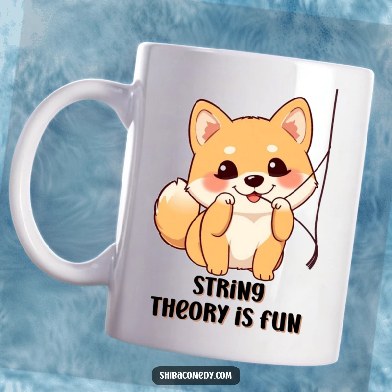 Funny Shiba Inu mug showing a cute dog with bright eyes playfully batting at a dangling string, full of curious energy.