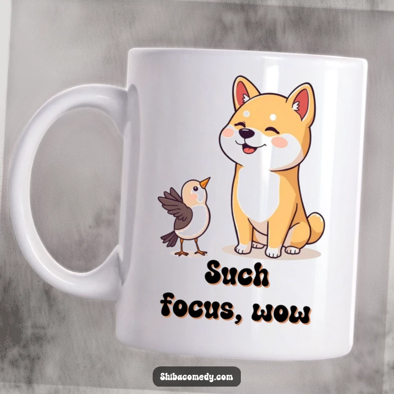 Funny Shiba Inu Mug: An adorable Shiba Inu with a sweet head tilt curiously watches a small bird, embodying happy doggy attention.