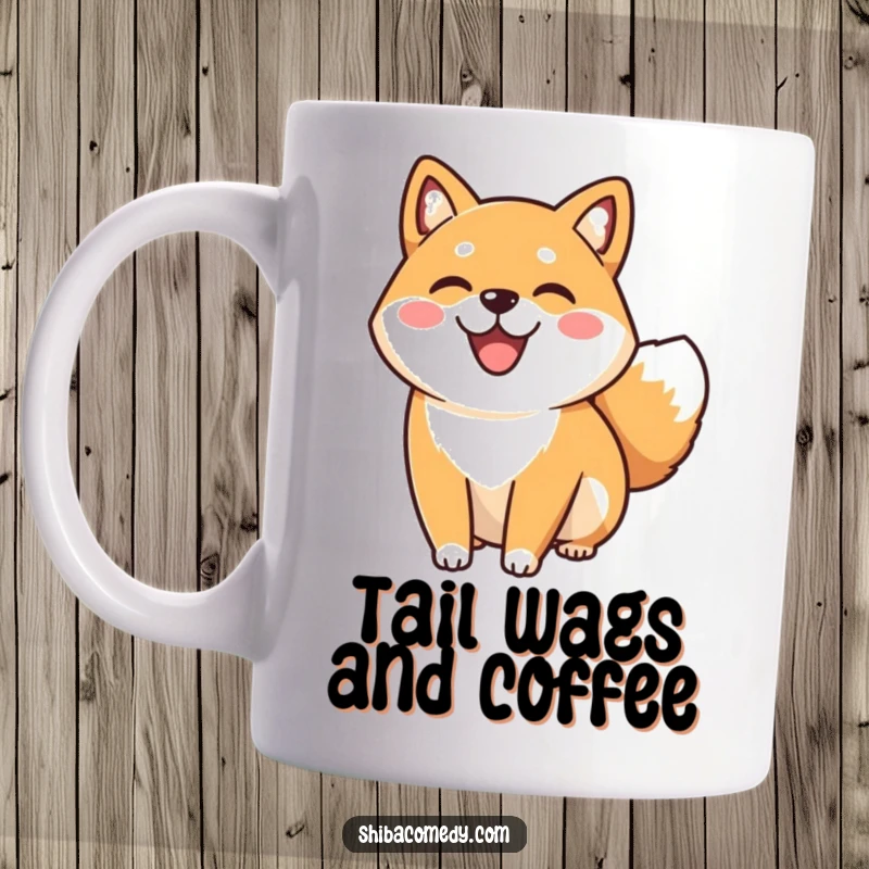 Funny happy Shiba Inu dog with a big smile, its tail wagging enthusiastically, printed on a mug for ultimate canine cheer.