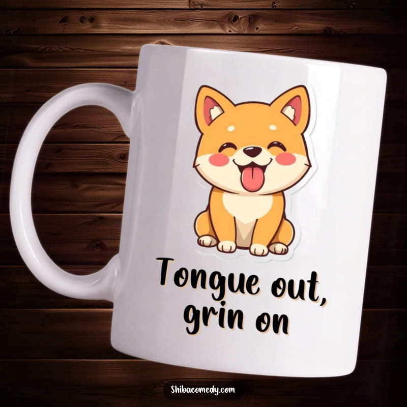 Funny Shiba Inu mug featuring a playful dog sitting with its tongue out, looking exceptionally cheerful and happy.