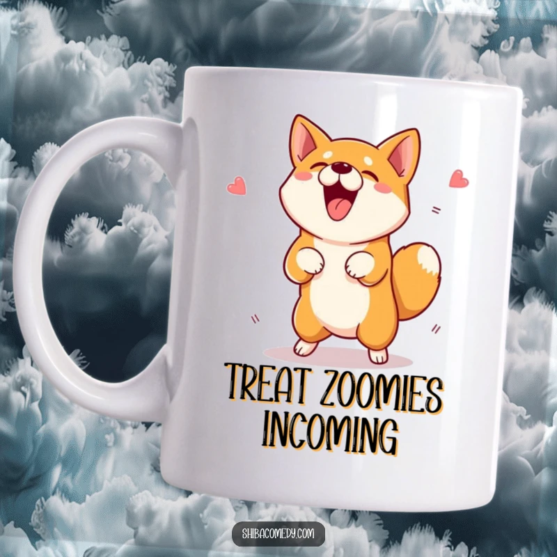 Funny Jumping Shiba Inu Mug shows an excited dog leaping for a treat, perfect for dog lovers and a funny gift.