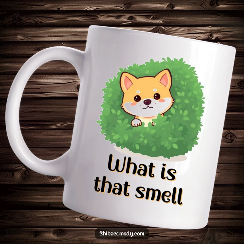 Funny Curious Shiba Inu Mug shows a dog peeking playfully from behind a bush, great for coffee lovers and a funny gift.