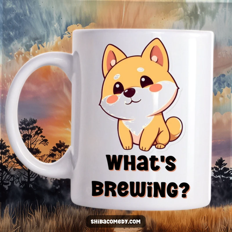 Funny Shiba Inu dog character tilting its head curiously with one ear up on a mug, conveying adorable questioning.
