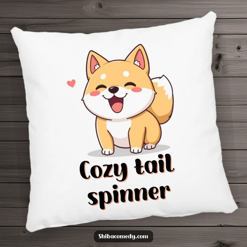 Funny Shiba Inu dog character with a fluffy tail wagging excitedly on a pillow, offering comfort and canine charm.