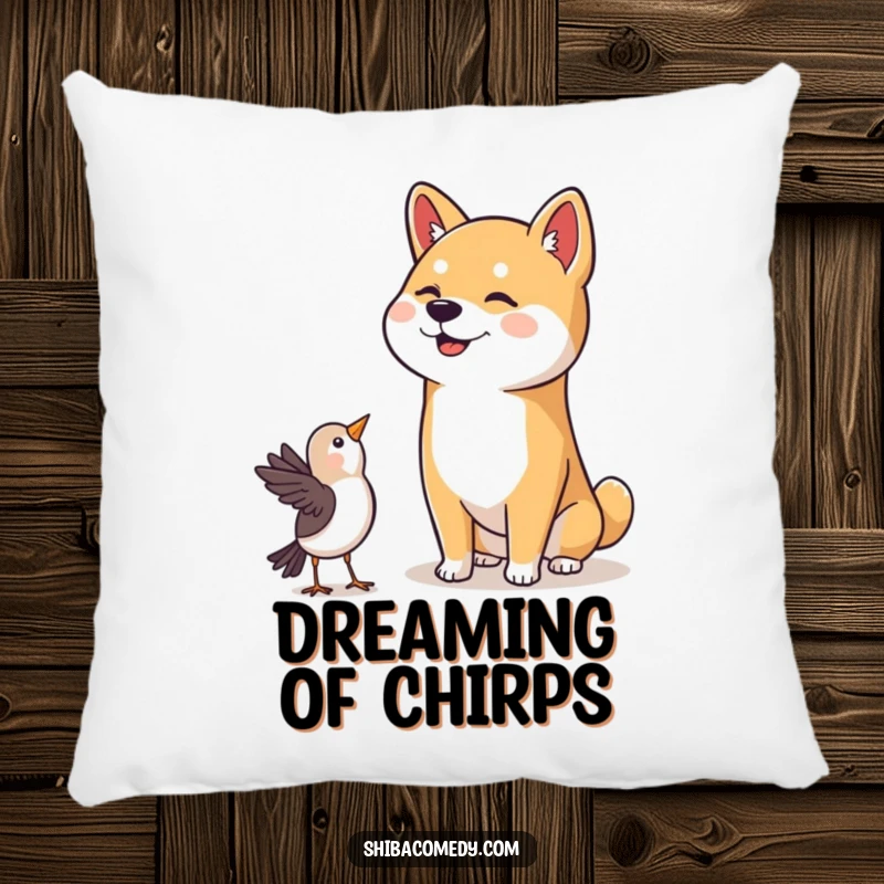 Funny Shiba Inu Pillow: A plush Shiba Inu with a happy head tilt rests, its attention fixed on a bird, offering comfort and humor.