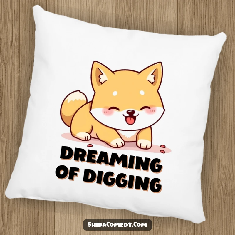 Plush, funny Shiba Inu pillow featuring a dog digging energetically with its paws, offering comfort and humor as a gift.