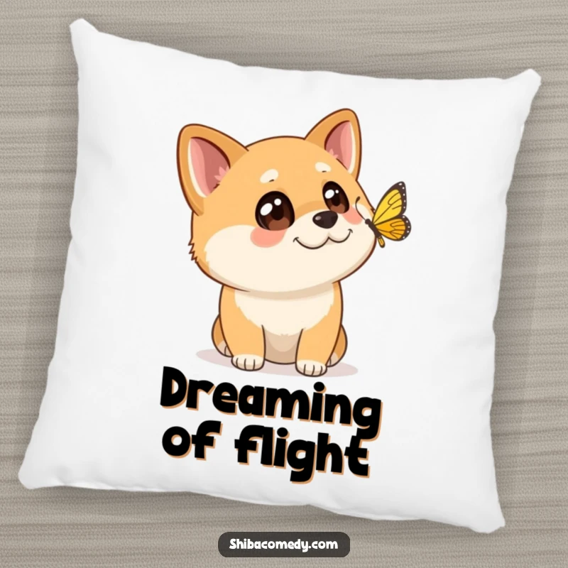 Funny Shiba Inu pillow showing a dog with wide, curious eyes watching a butterfly flutter past, perfect for cozy spaces.