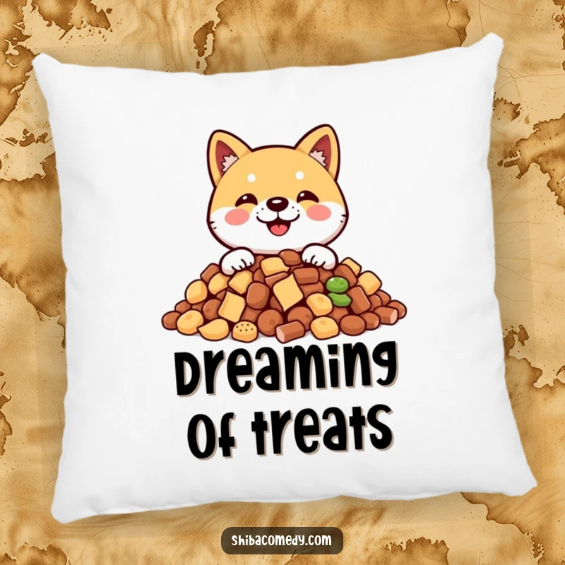 Funny Shiba Inu pillow featuring a smiling dog peeking from behind a pile of treats, soft and humorous for ultimate coziness.