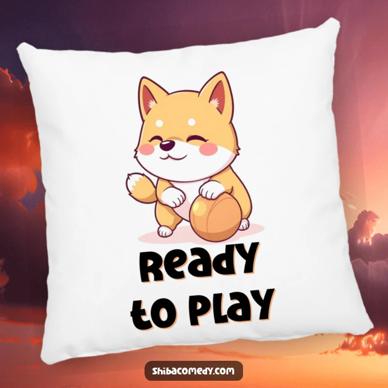 Funny Shiba Inu pillow showing a playful dog with a mischievous glint nudging a rolling toy, perfect for play areas.