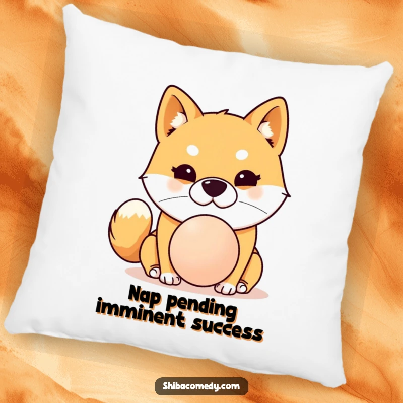 Funny Shiba Inu pillow showing a dog with intense concentration balancing a ball on its nose, plush and humorous decor.