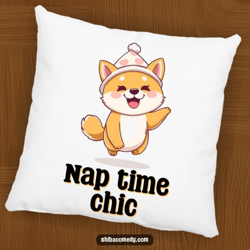 Funny Shiba Inu Pillow: A plush Shiba Inu in a small hat bounces with excitement, offering comfort and a dose of festive humor.