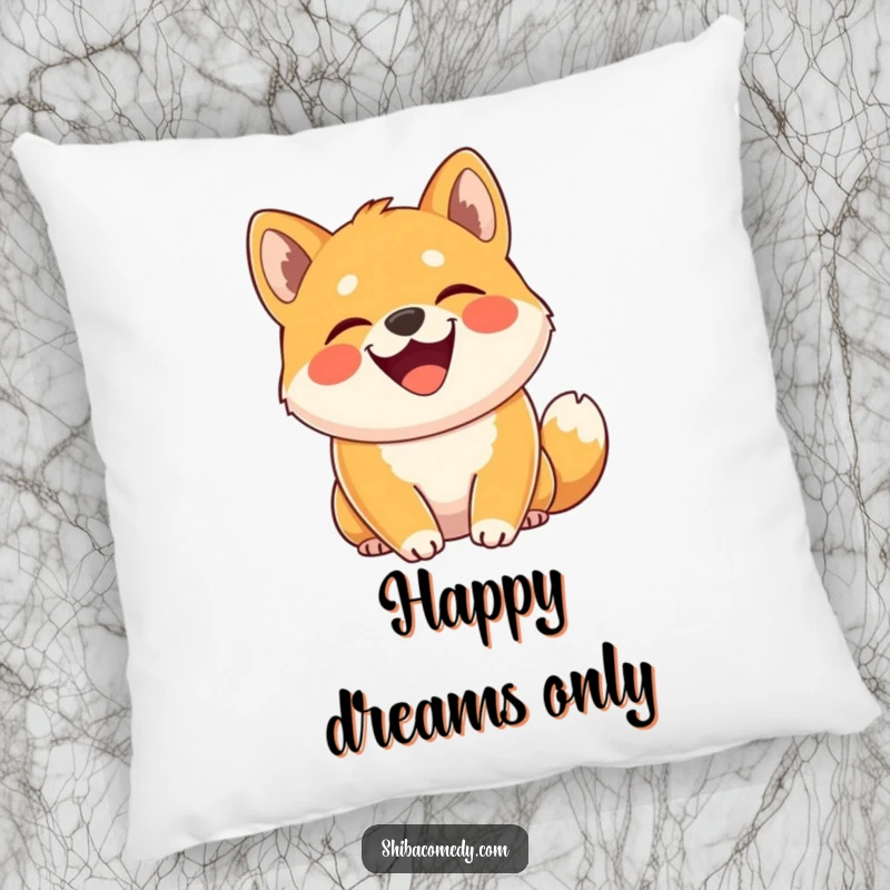 Funny Shiba Inu pillow featuring a dog grinning widely with tail curled high, offering a soft, humorous, and joyful touch.