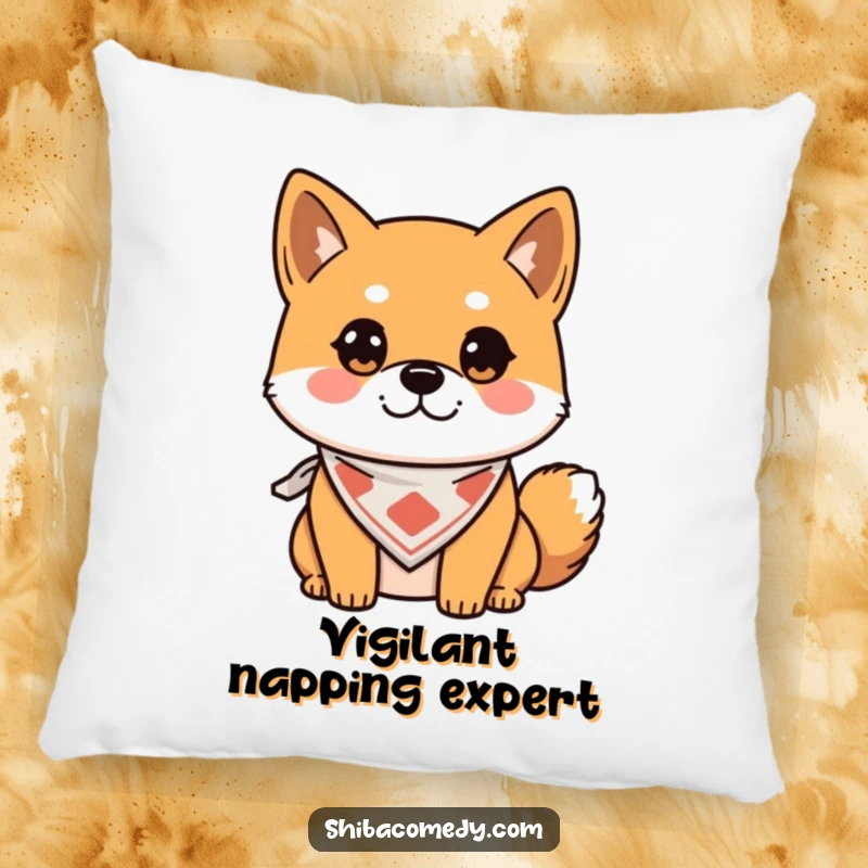 Funny Pillow with an alert Shiba Inu in a bandana, soft and humorous decorative item, a perfect funny gift.