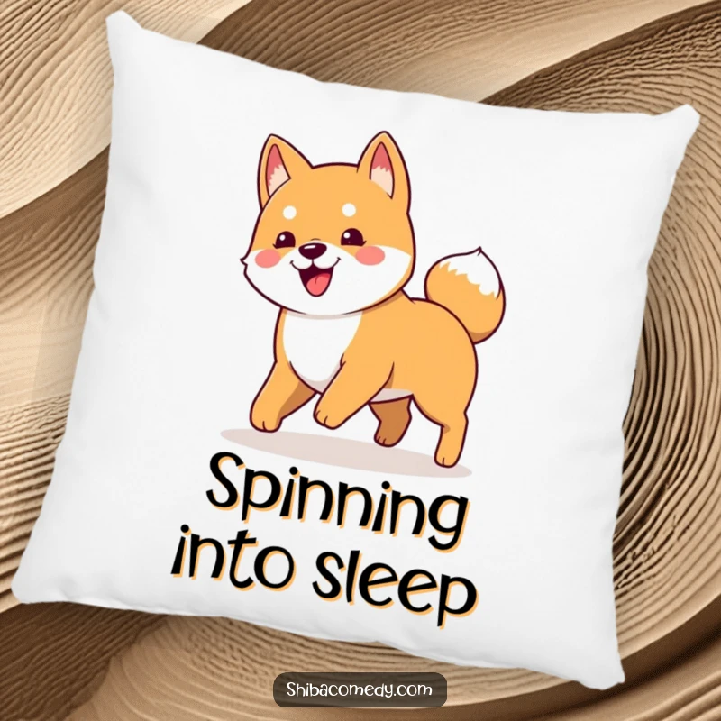 Funny pillow featuring a cute Shiba Inu dog in a humorous pose, playfully chasing its own tail.