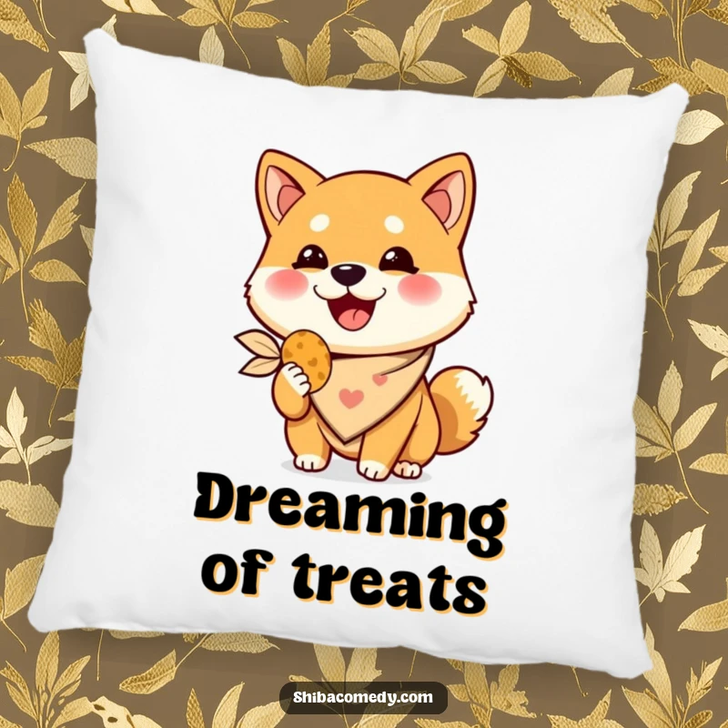 Funny Shiba Inu pillow, a happy dog sporting a bandana holds a treat, soft comfortable humorous gift.