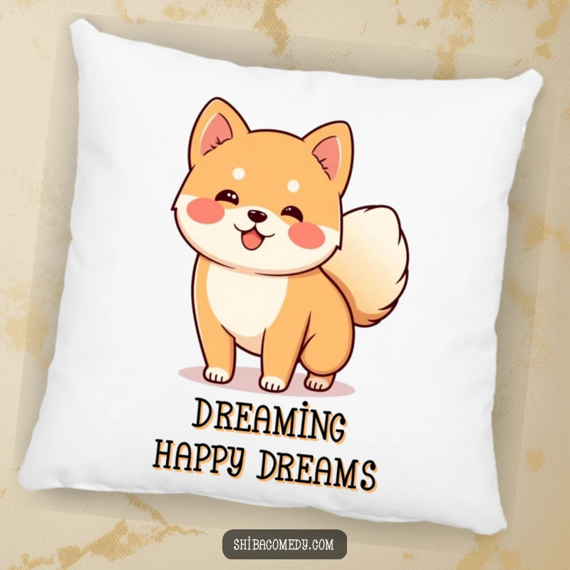 Funny Shiba Inu Pillow showcasing a happy dog with its tail wagging, a soft and humorous gift.
