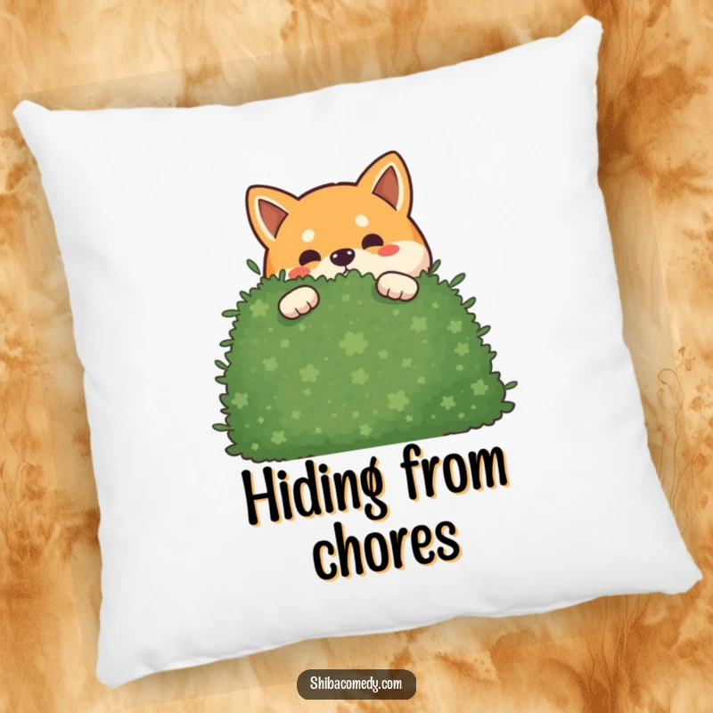 Funny mischievous Shiba Inu pillow showing a dog peeking out from behind a large bush, symbolizing playful secrecy.