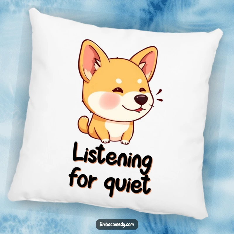 Funny pillow featuring a Shiba Inu dog with wide, alert ears, listening intently, embodying curious comfort.