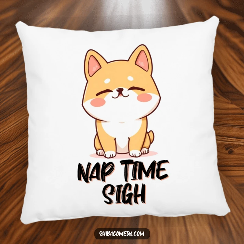 Funny Shiba Inu pillow featuring a dog with eyes closed in a hilarious, happy sigh, offering a soft, comforting, and comical touch.