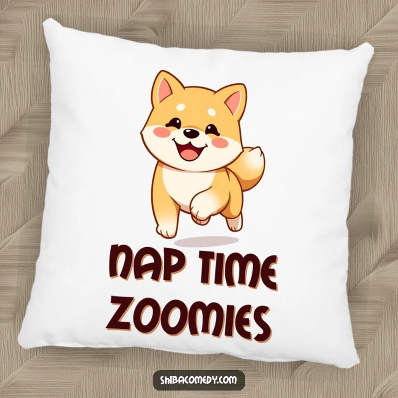 Funny happy Shiba Inu pillow showing a dog running towards the viewer with its tail wagging, conveying happiness.