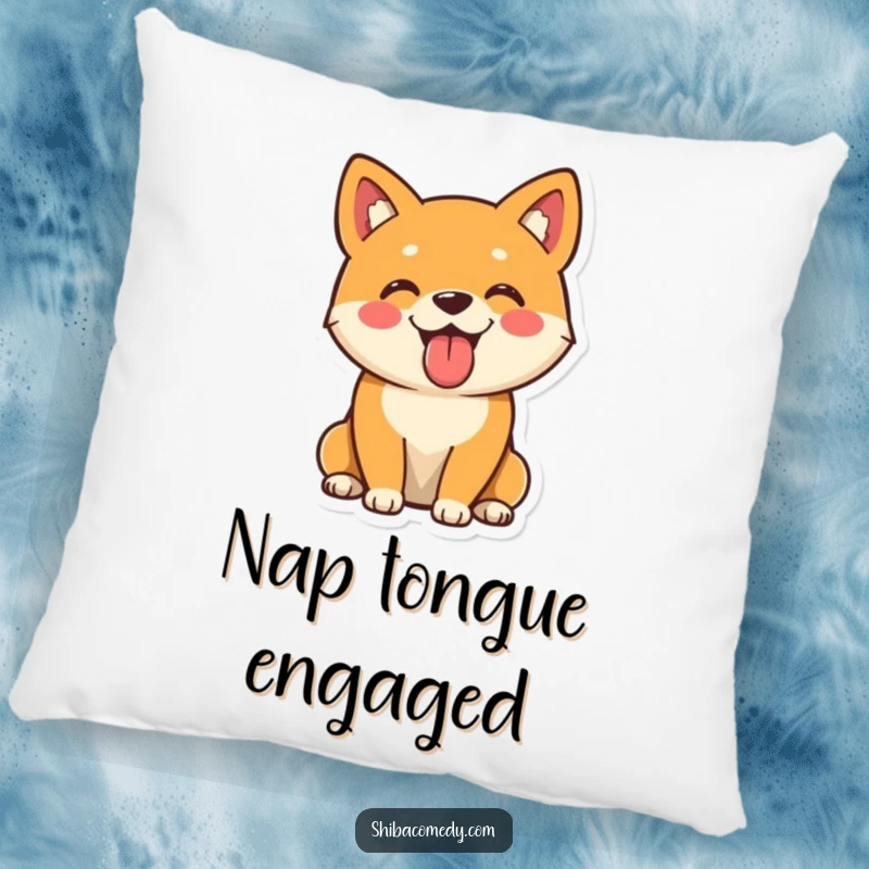 Funny Shiba Inu pillow depicting a playful dog sitting with its tongue out, a soft and cheerful decorative item.