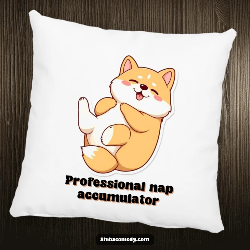 Funny Shiba Inu pillow depicting a dog happily rolling on its back, a perfect accent for adding comfort and a touch of humor.