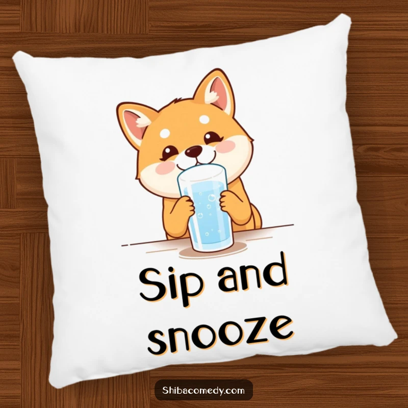 Funny Shiba Inu Pillow: A content dog drinks water with pure joy, offering comfort and humor as a delightful gift.