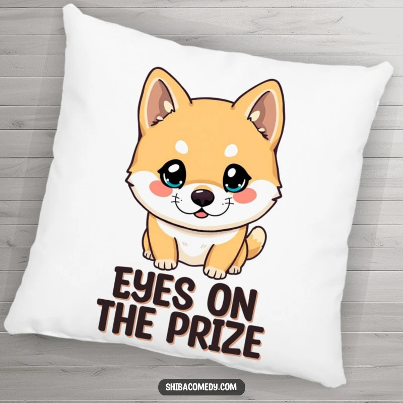 Funny Shiba Inu pillow featuring a dog with large, bright, curious eyes looking forward, offering comfort and a touch of playful wonder.
