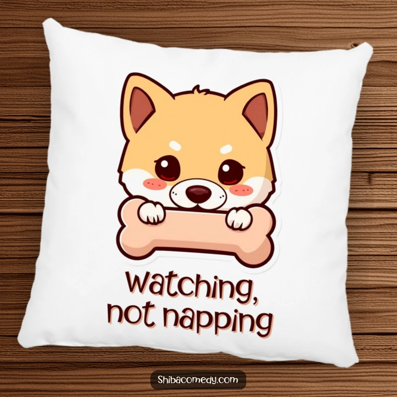 Funny Shiba Inu pillow featuring a curious dog peeking from behind a bone icon, offering a soft, humorous, and intriguing touch.