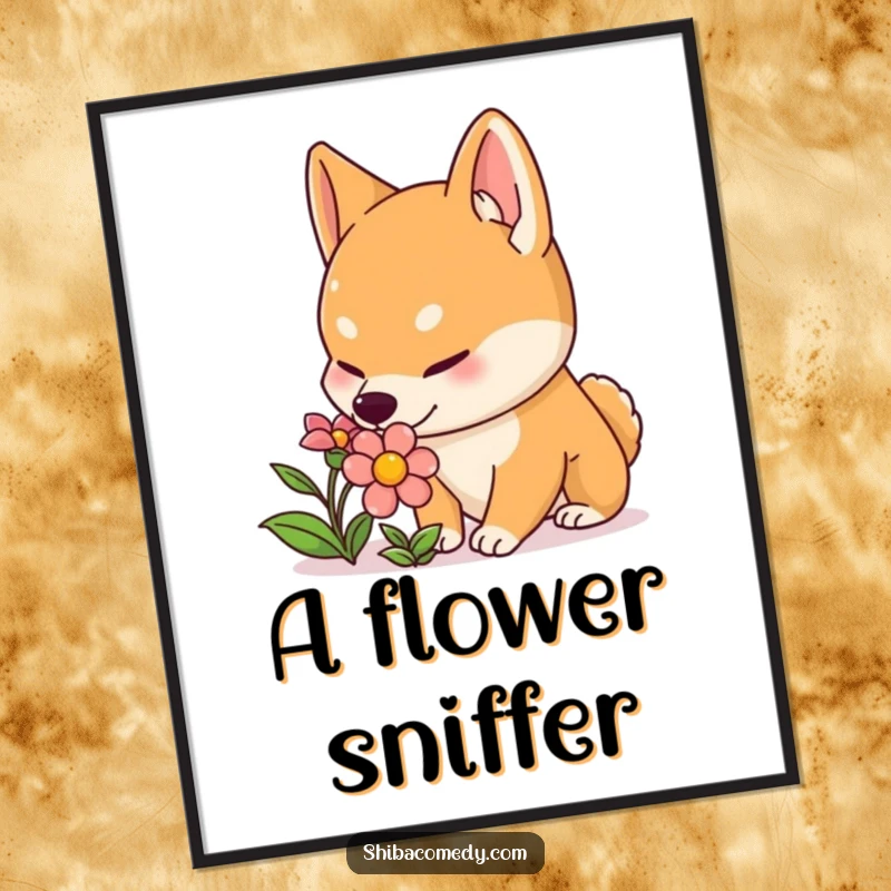 Funny Shiba Inu digital art print of a curious dog with perked ears gently sniffing a vibrant, colorful flower, full of wonder.