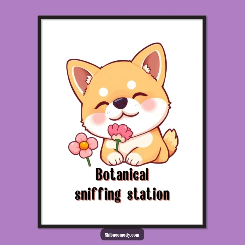 Funny Shiba Inu Digital Art: Curious Flower Sniffer Print, Instant Download Gift