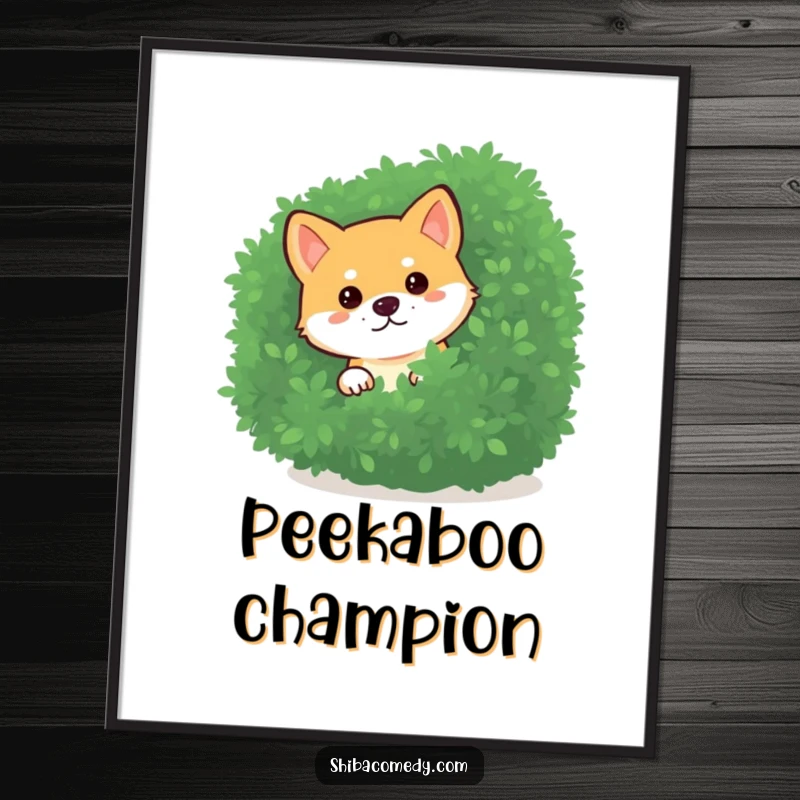 Funny Shiba Inu Digital Art Print of a curious dog peeking from a bush, instantly downloadable and a funny gift.