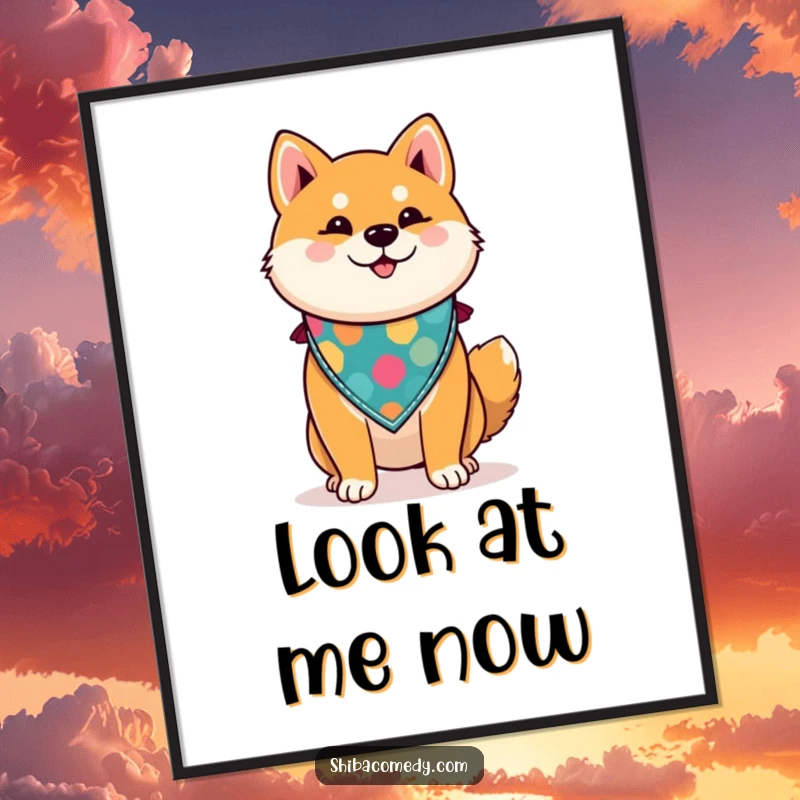 Funny digital art print of a proud Shiba Inu dog wearing a colorful bandana, exuding confidence and style for instant wall decor.