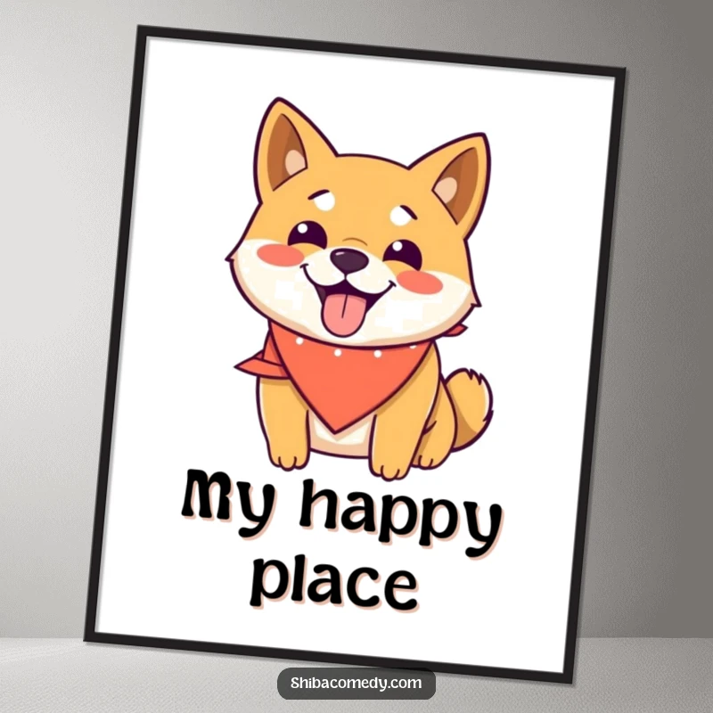 Funny Shiba Inu digital art print of a happy dog wearing a bandana, panting joyfully, bringing instant humor and smiles.